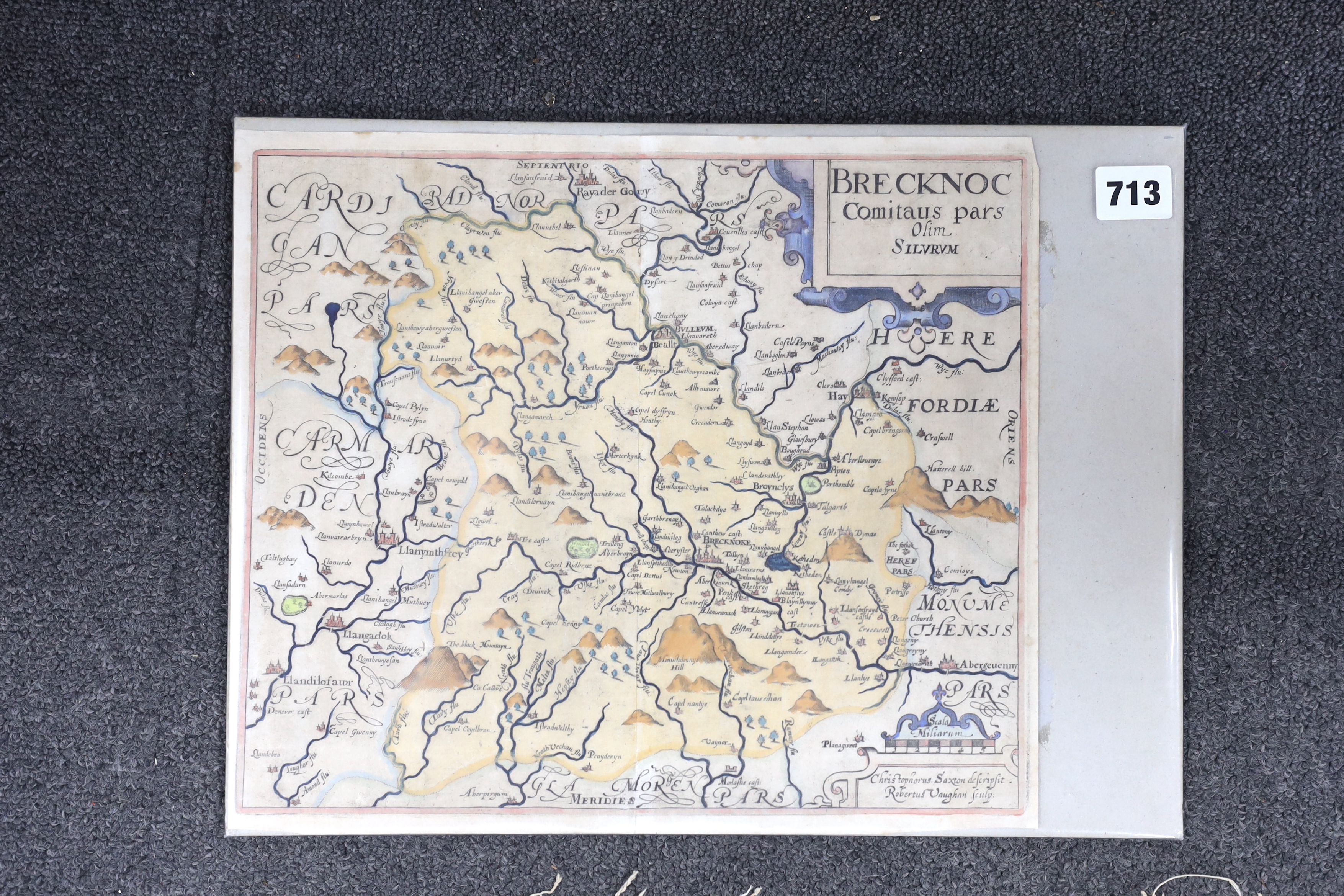 Christopher Saxton (c.1540- c.1610) and Robert Vaughan, hand-coloured map of Brecknoc (Brecknockshire), 1607, unframed, 29 x 33cm